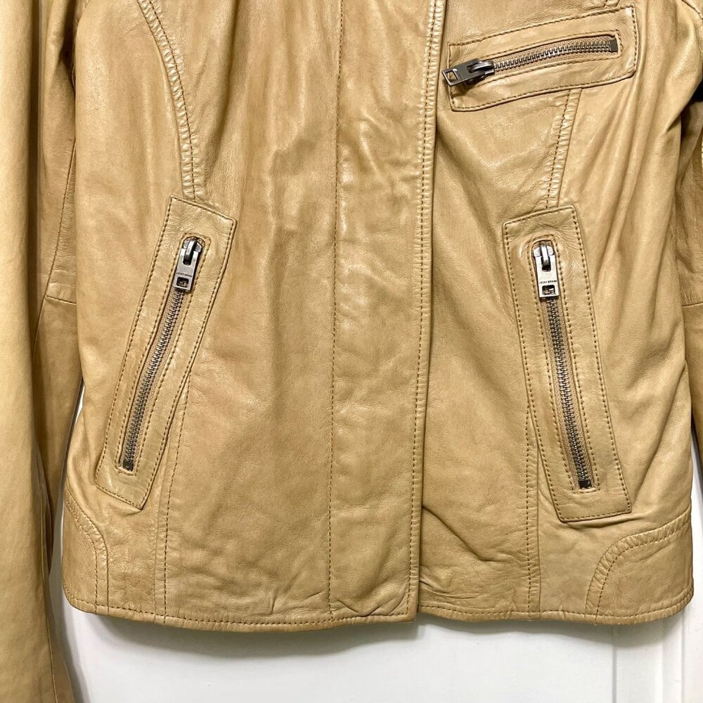 Lucky Brand Tan Leather Moto Jacket W/ Zipper Details Size S - Picture 4 of 12